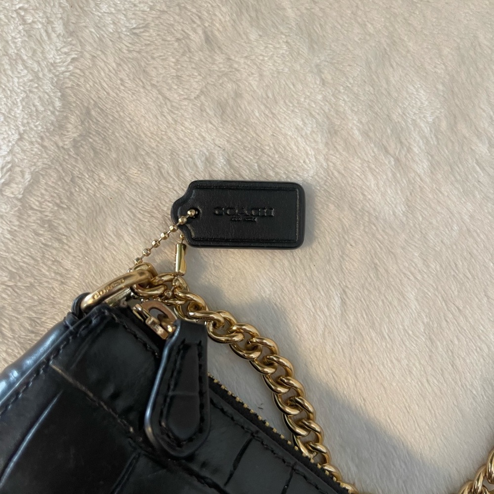 Coach Black Croc-Embossed Wristlet with Gold Chain - Picture 6 of 8